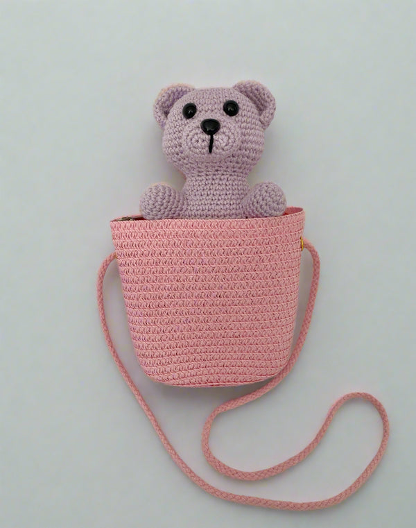 Crochet Pocket Teddy Bear + Straw Bag