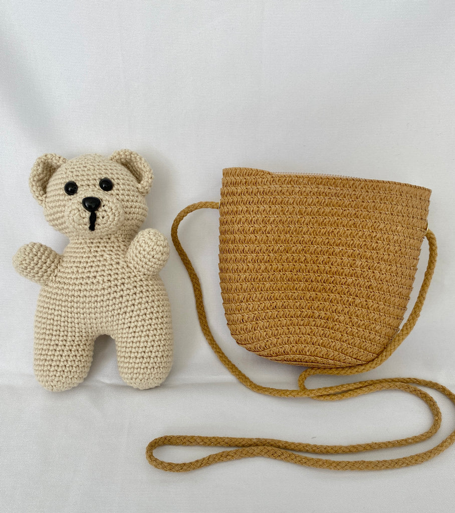 Crochet Pocket Teddy Bear + Straw Bag