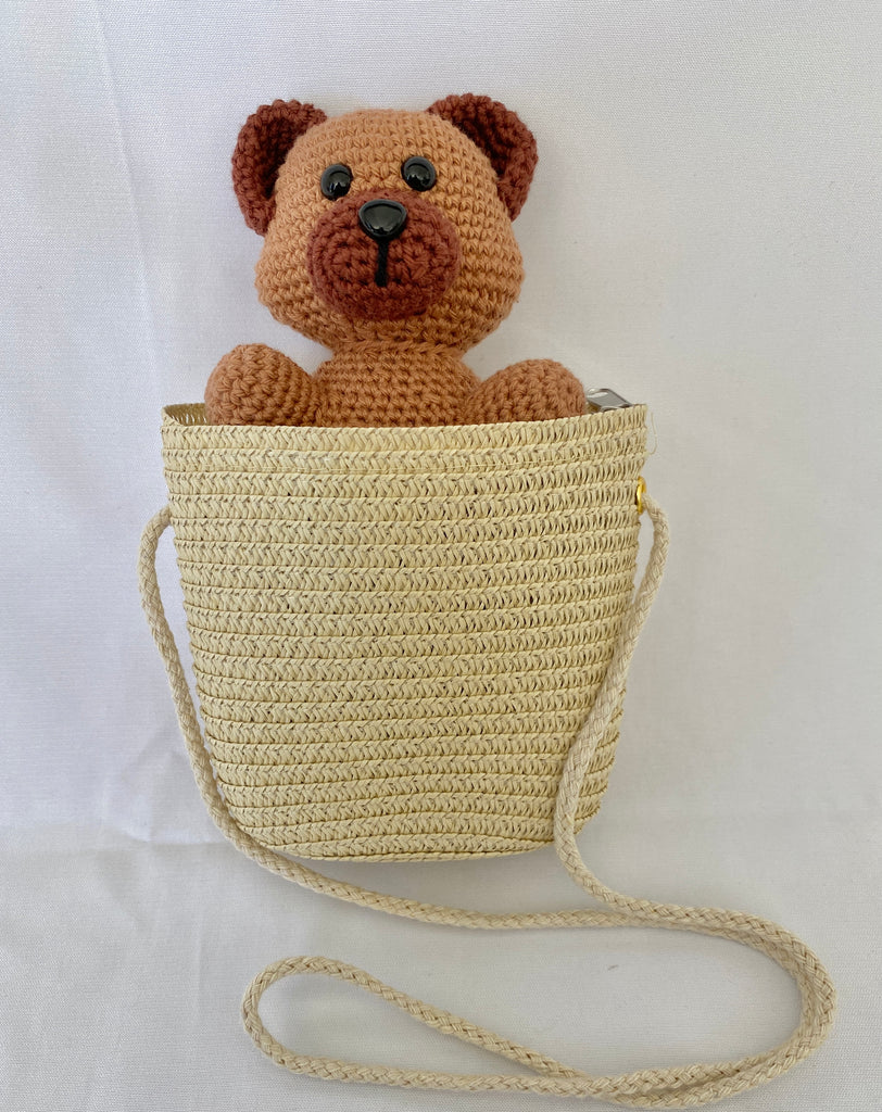 Crochet Pocket Teddy Bear + Straw Bag
