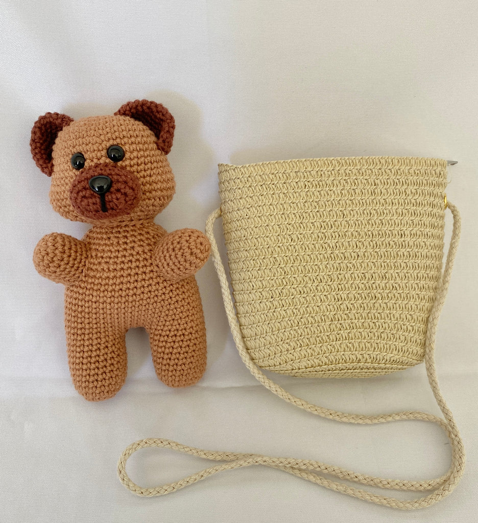 Crochet Pocket Teddy Bear + Straw Bag