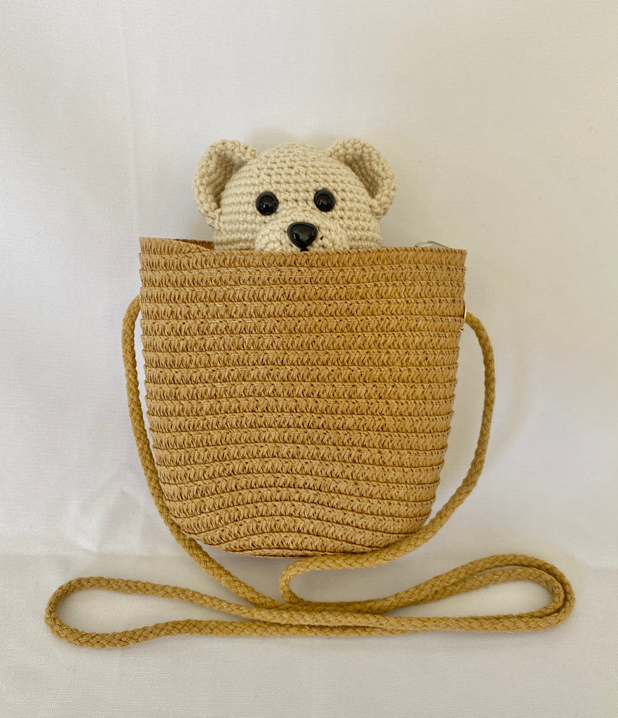 Crochet Pocket Teddy Bear + Straw Bag