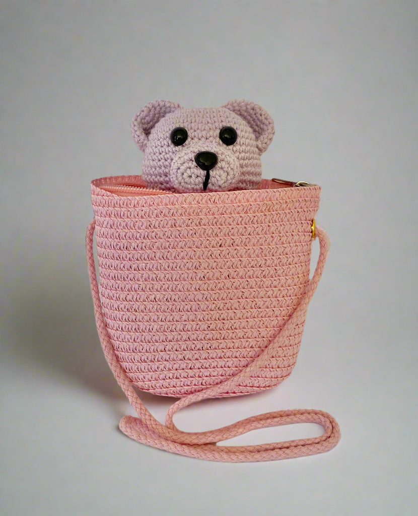 Crochet Pocket Teddy Bear + Straw Bag