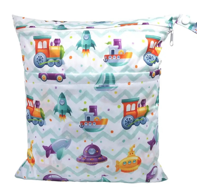 The Hidden Treehouse, Wet Bag, train rocket and boat pattern, swimming bag, baby wet bag, nappy bag